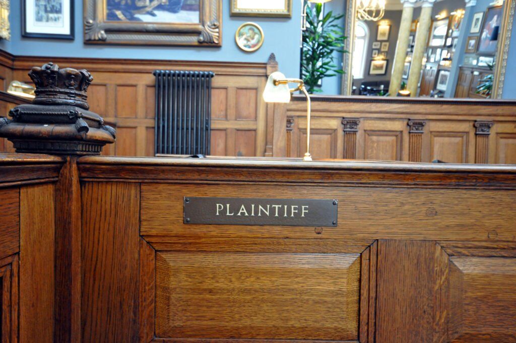 Courtroom with placard that says 