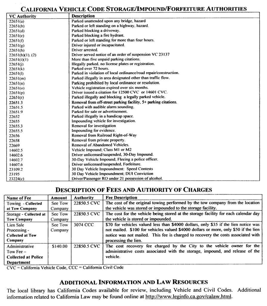 List of CVC codes re. towing