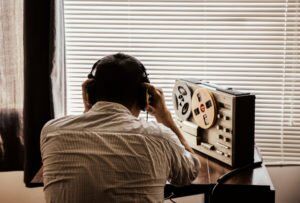 A man recording a wiretapped conversation in a dimly lit room.