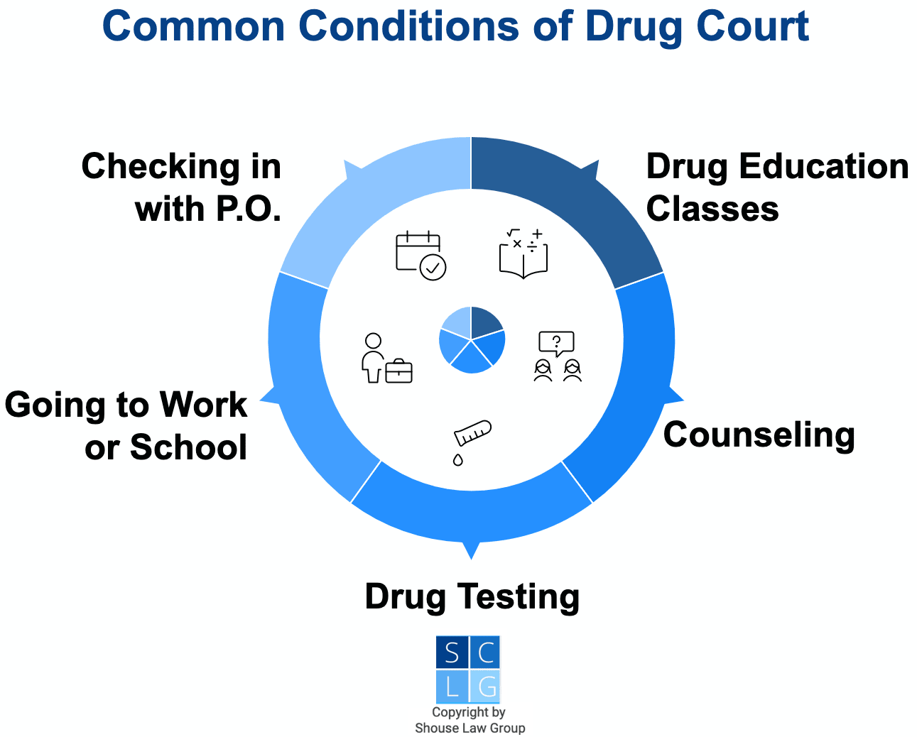 Graphic that shows common Drug Court conditions in California, such as drug testing and counseling